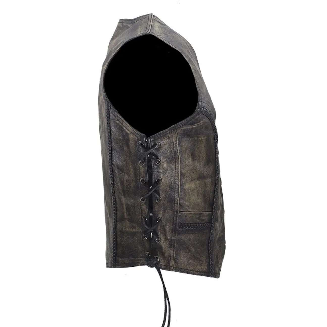 Womens Longer Cut Distressed Brown Cowhide Leather Motorcycle Vest