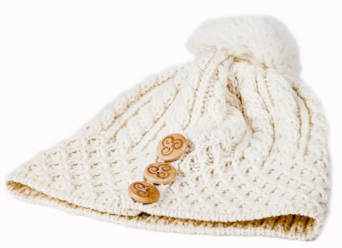 Women's Merino Wool Button Detail Hat with Bobble by Aran Mills
