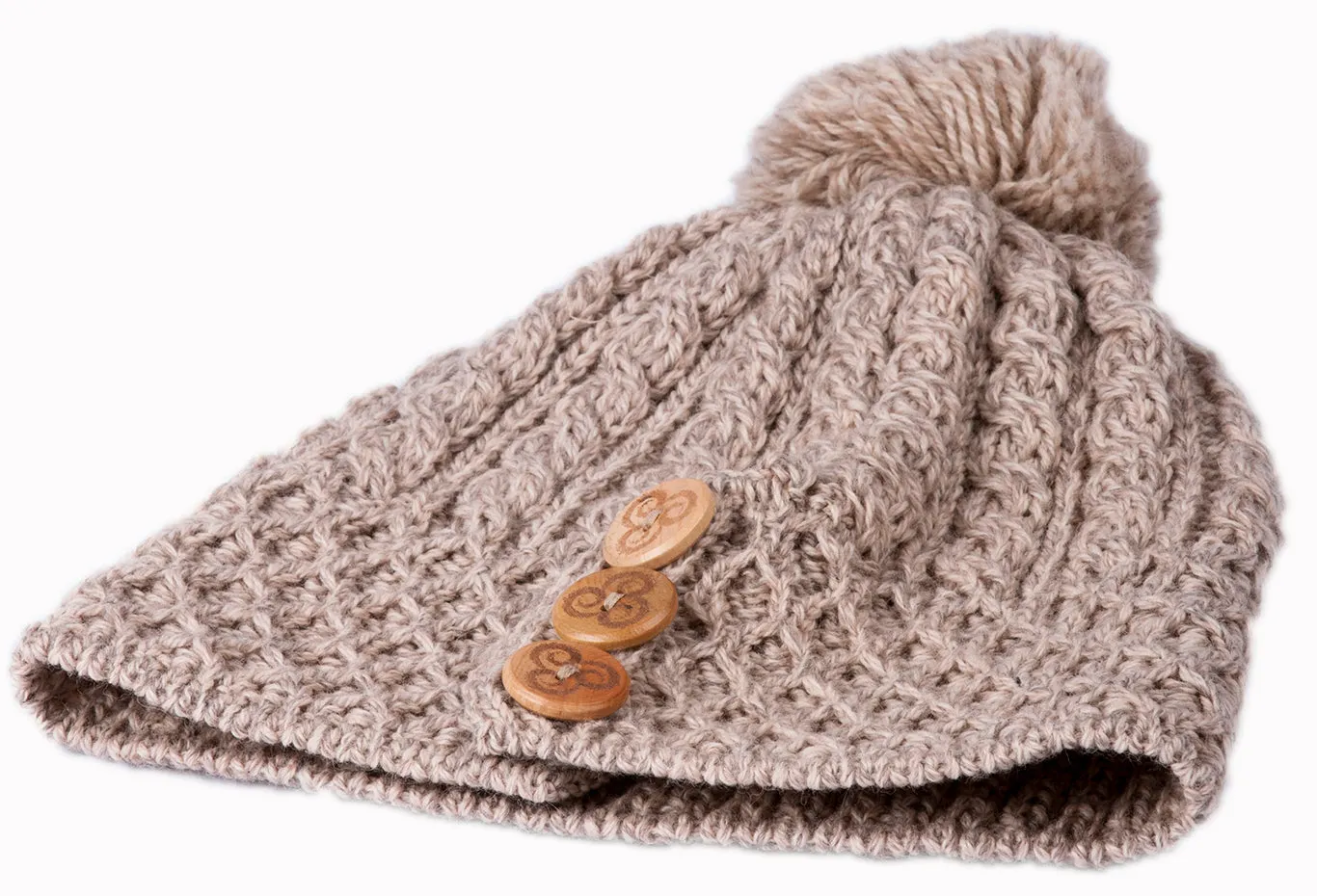Women's Merino Wool Button Detail Hat with Bobble by Aran Mills