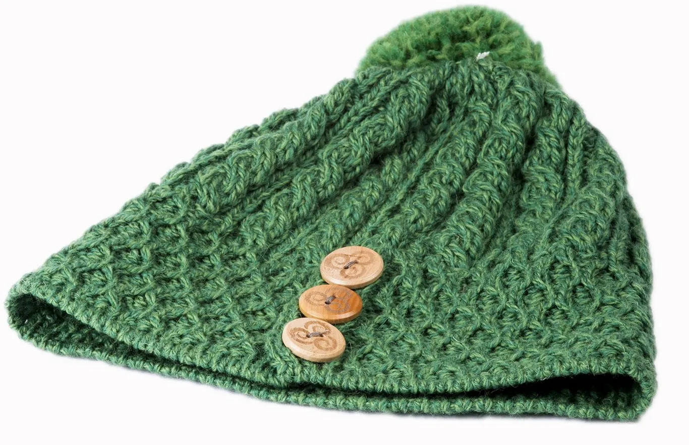 Women's Merino Wool Button Detail Hat with Bobble by Aran Mills