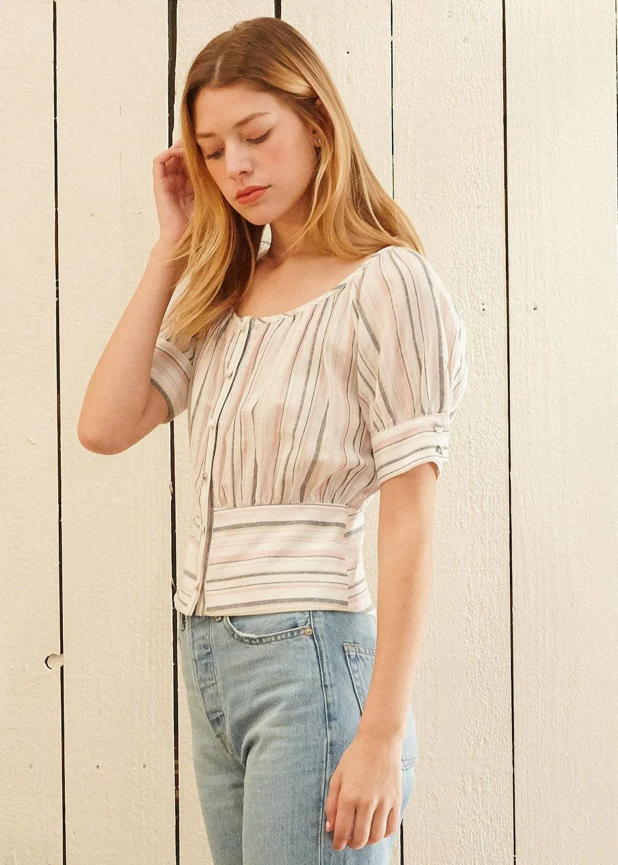 Women's Multi Stripe Puff Sleeve Top in Ecru Multi