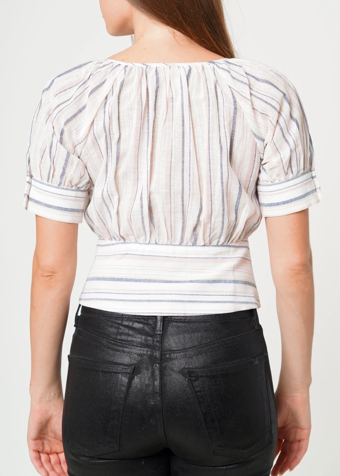 Women's Multi Stripe Puff Sleeve Top in Ecru Multi
