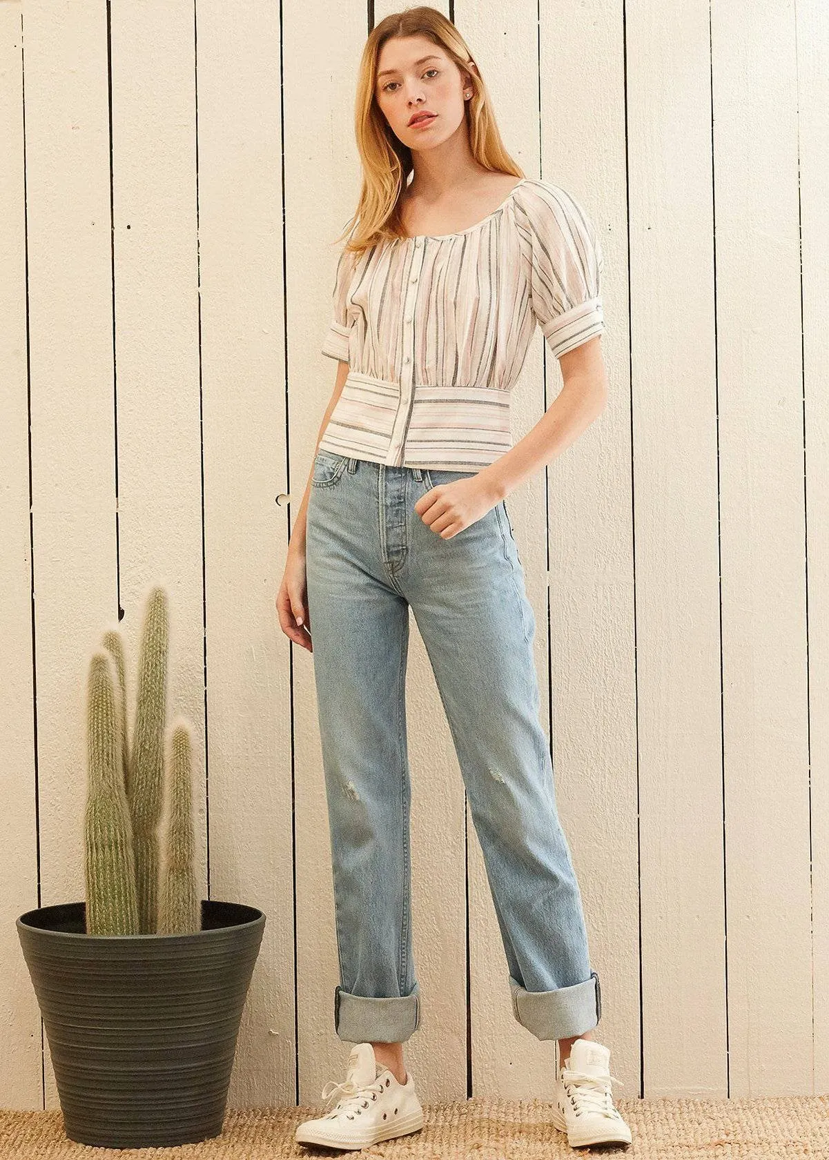 Women's Multi Stripe Puff Sleeve Top in Ecru Multi