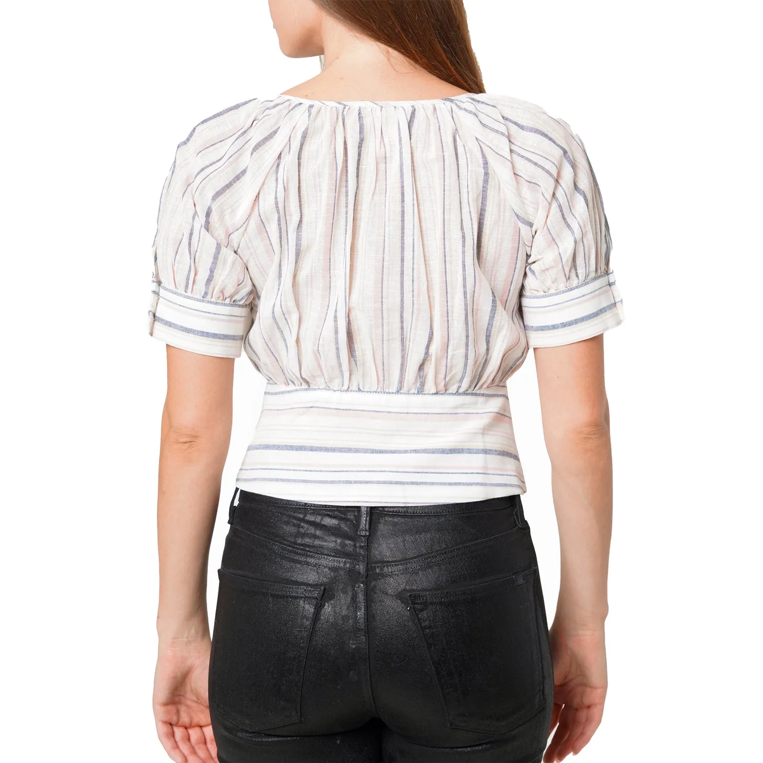 Women's Multi Stripe Puff Sleeve Top in Ecru Multi