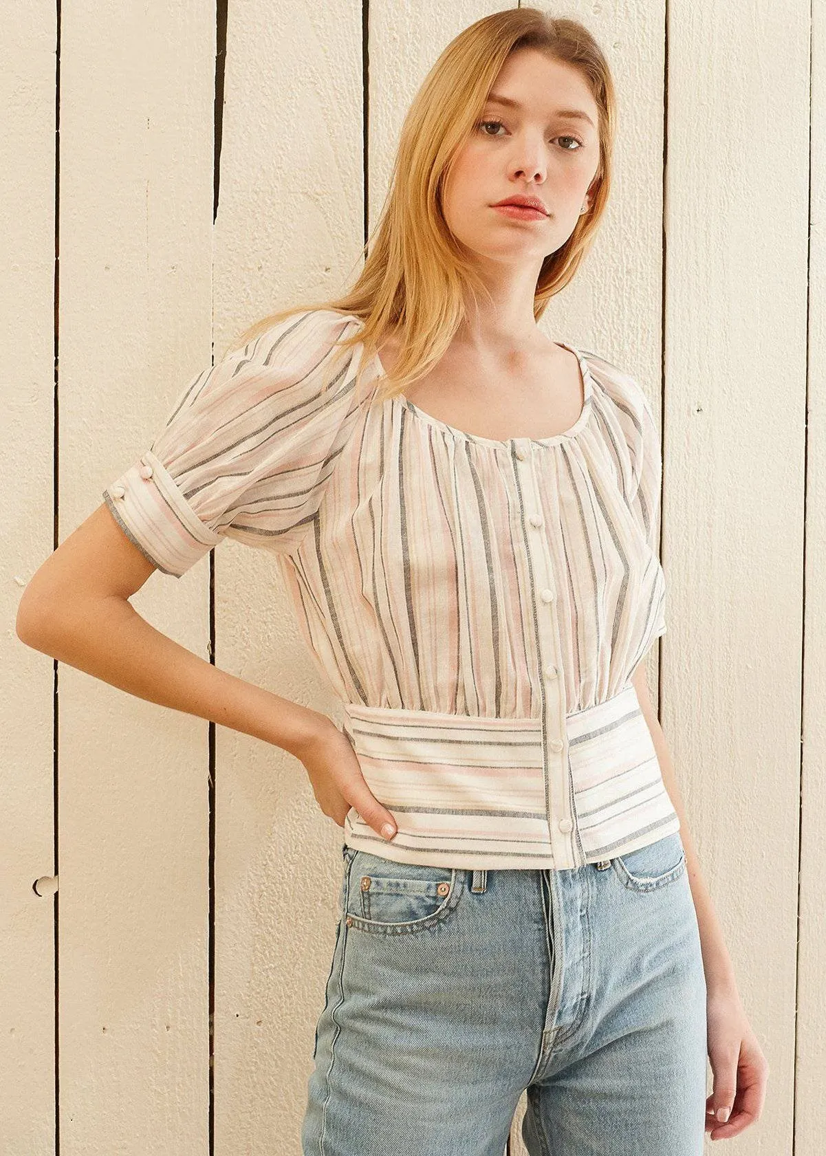 Women's Multi Stripe Puff Sleeve Top in Ecru Multi