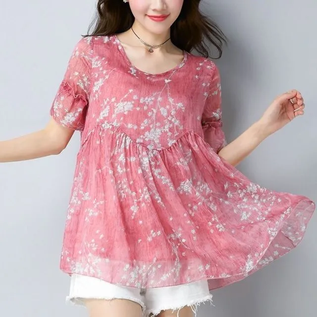 Women's Plus Size Short Sleeve Floral Print Kimono Blouse