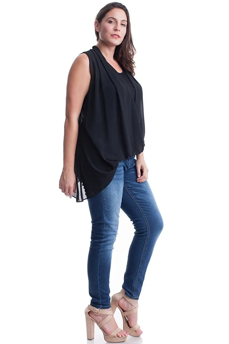 Women's Plus Size Sleeveless Chiffon Layered Top in Black or Ivory