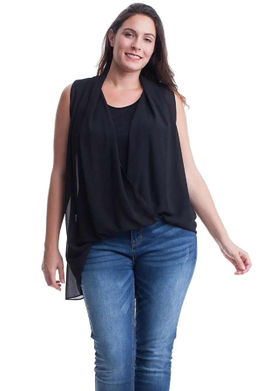 Women's Plus Size Sleeveless Chiffon Layered Top in Black or Ivory