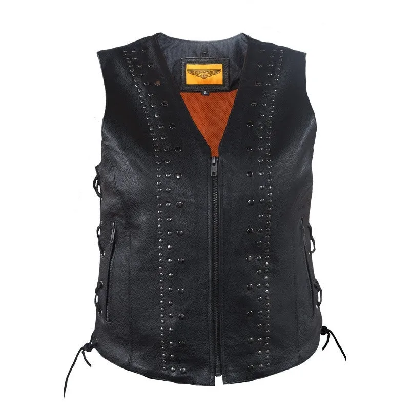 Women's Premium Leather Motorcycle Vest With Studs, Side Laces, and Conceal Carry Pockets
