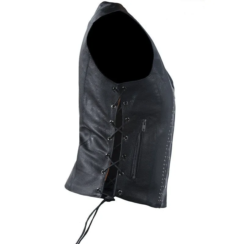 Women's Premium Leather Motorcycle Vest With Studs, Side Laces, and Conceal Carry Pockets