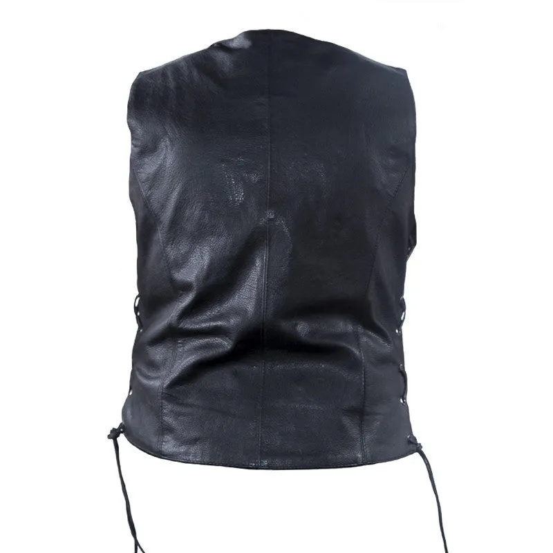 Women's Premium Leather Motorcycle Vest With Studs, Side Laces, and Conceal Carry Pockets