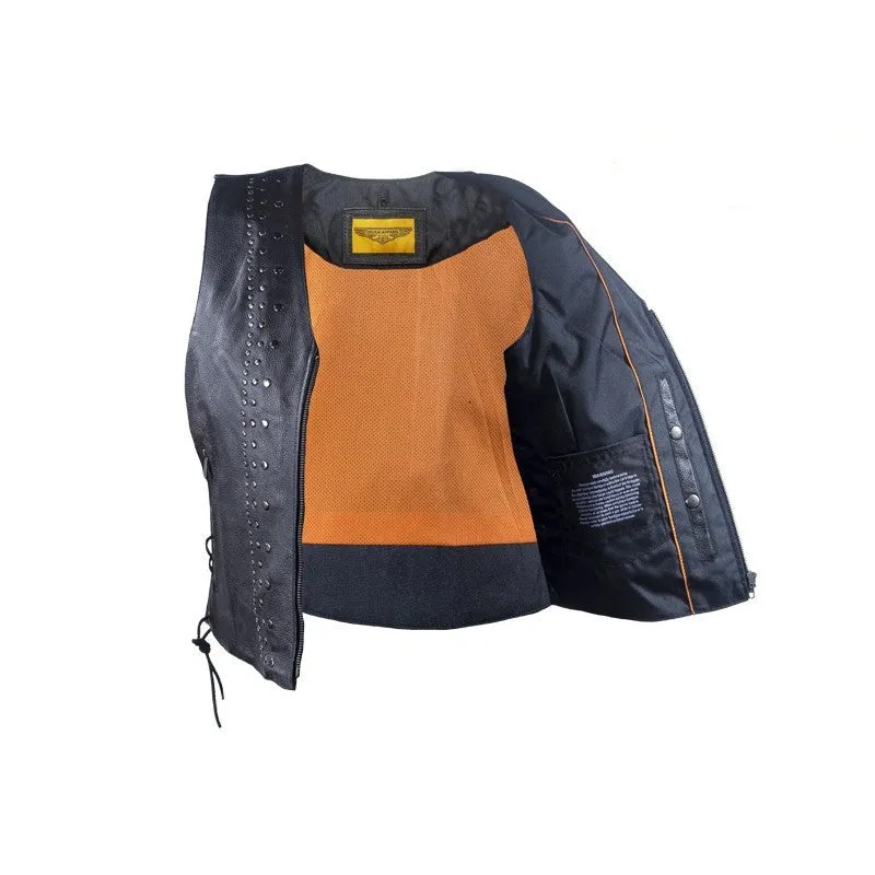 Women's Premium Leather Motorcycle Vest With Studs, Side Laces, and Conceal Carry Pockets