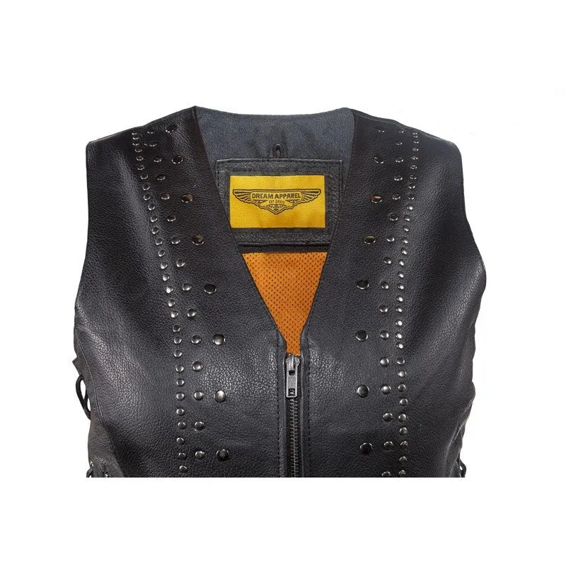 Women's Premium Leather Motorcycle Vest With Studs, Side Laces, and Conceal Carry Pockets