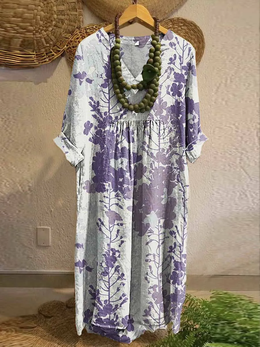 Women's Print Crew Neck Long Sleeve Cotton Pocket Dress