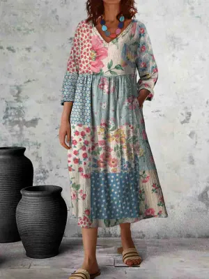 Women's Printed V-Neck Long Sleeve Cotton Pocket Dress