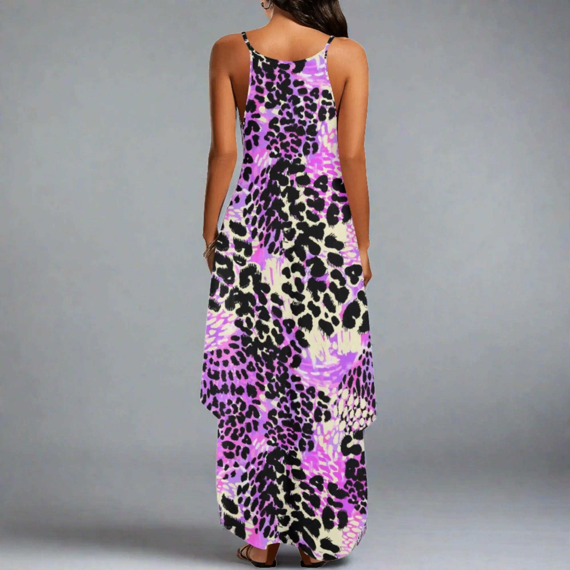 Women's Purple & Leopard Print Color Block Pattern Elegant Sleeveless Sundress