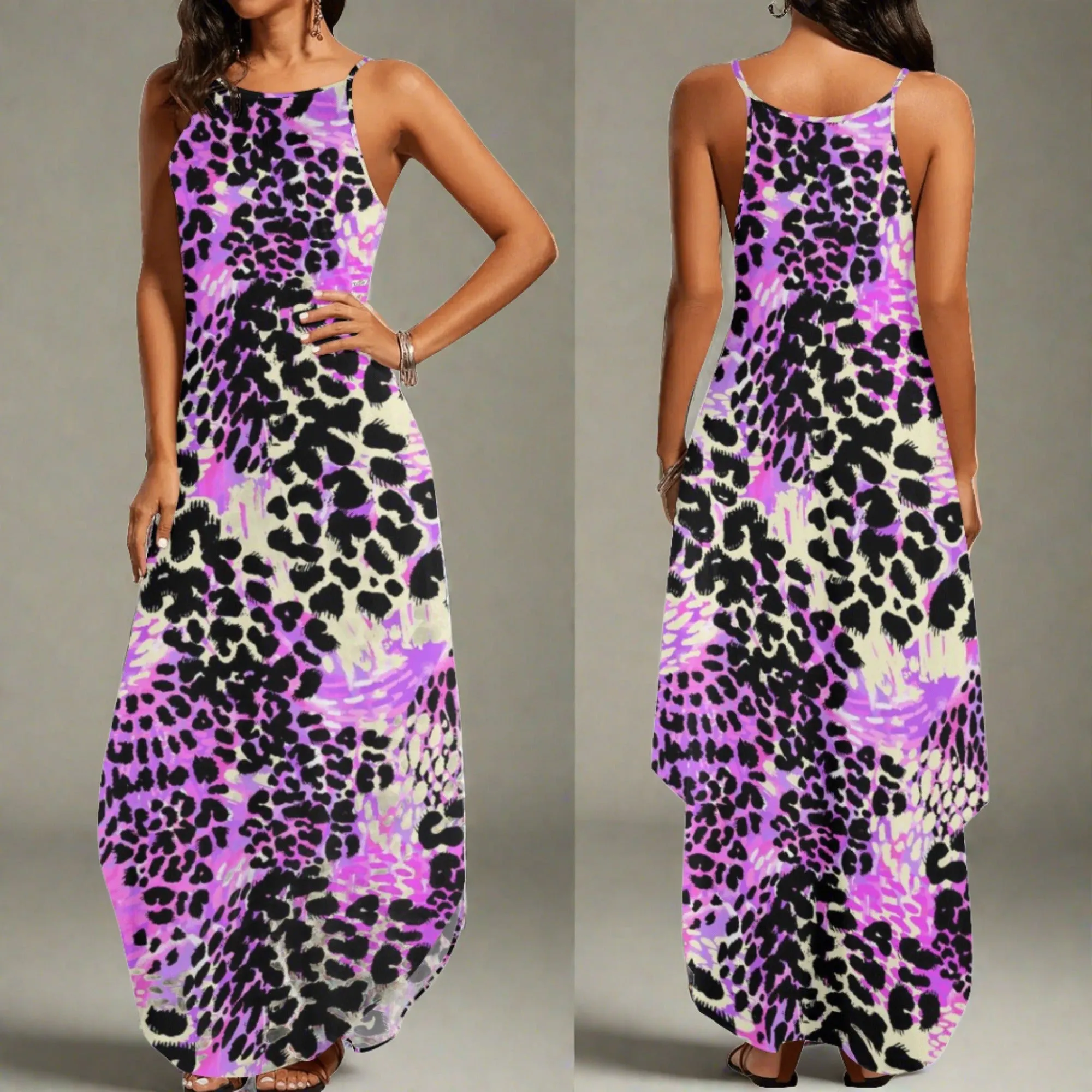 Women's Purple & Leopard Print Color Block Pattern Elegant Sleeveless Sundress