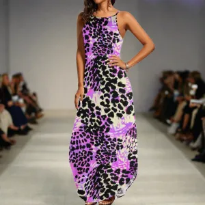 Women's Purple & Leopard Print Color Block Pattern Elegant Sleeveless Sundress