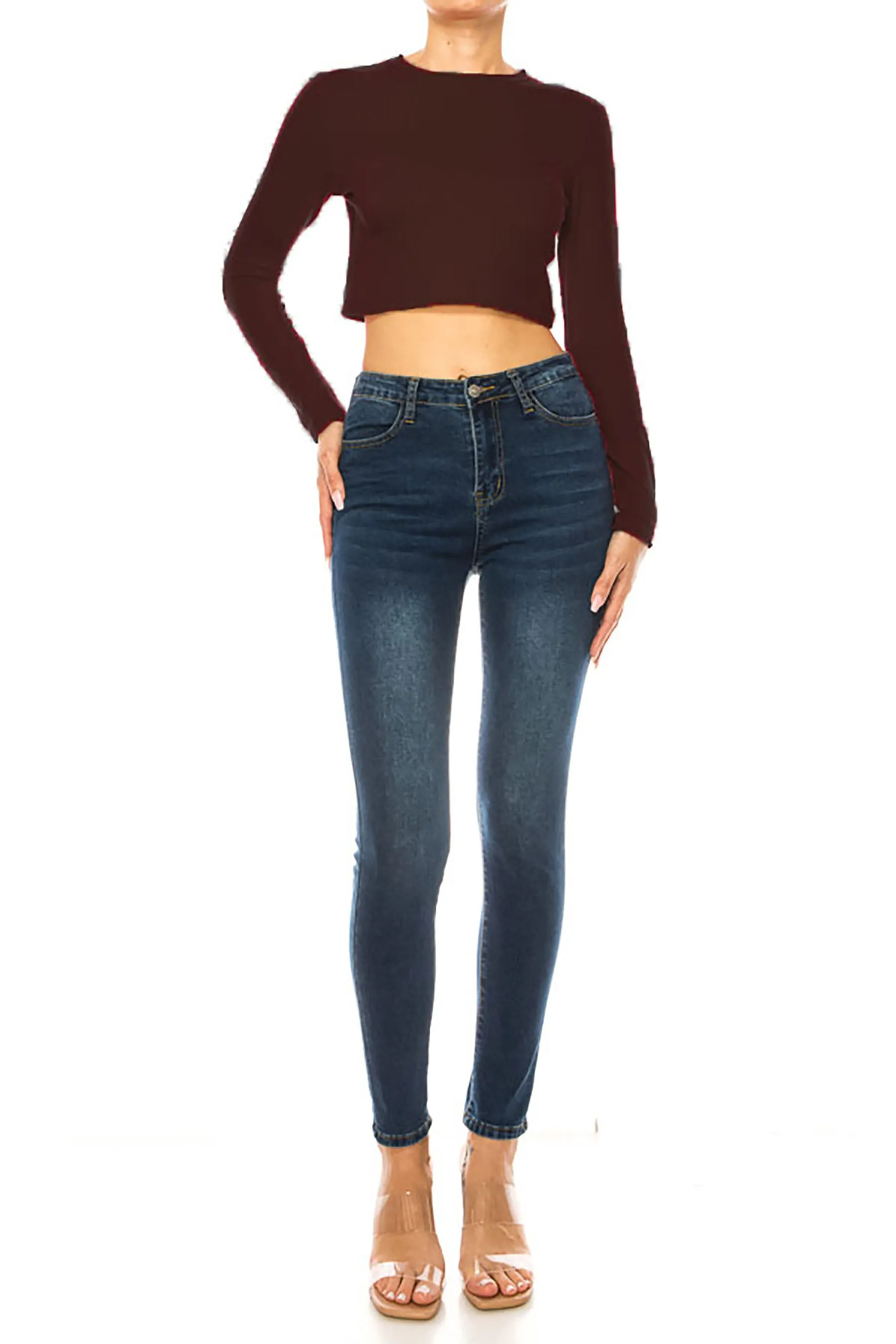 Women's Round Neck Long Sleeve Crop T-Shirt