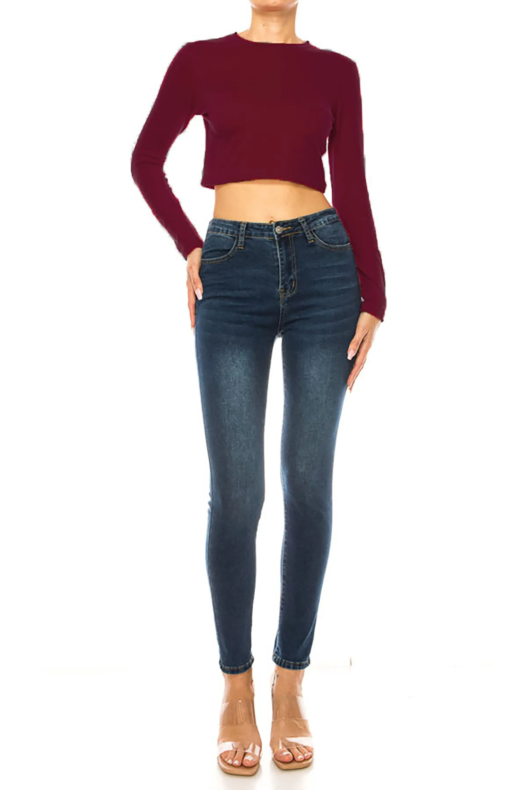Women's Round Neck Long Sleeve Crop T-Shirt