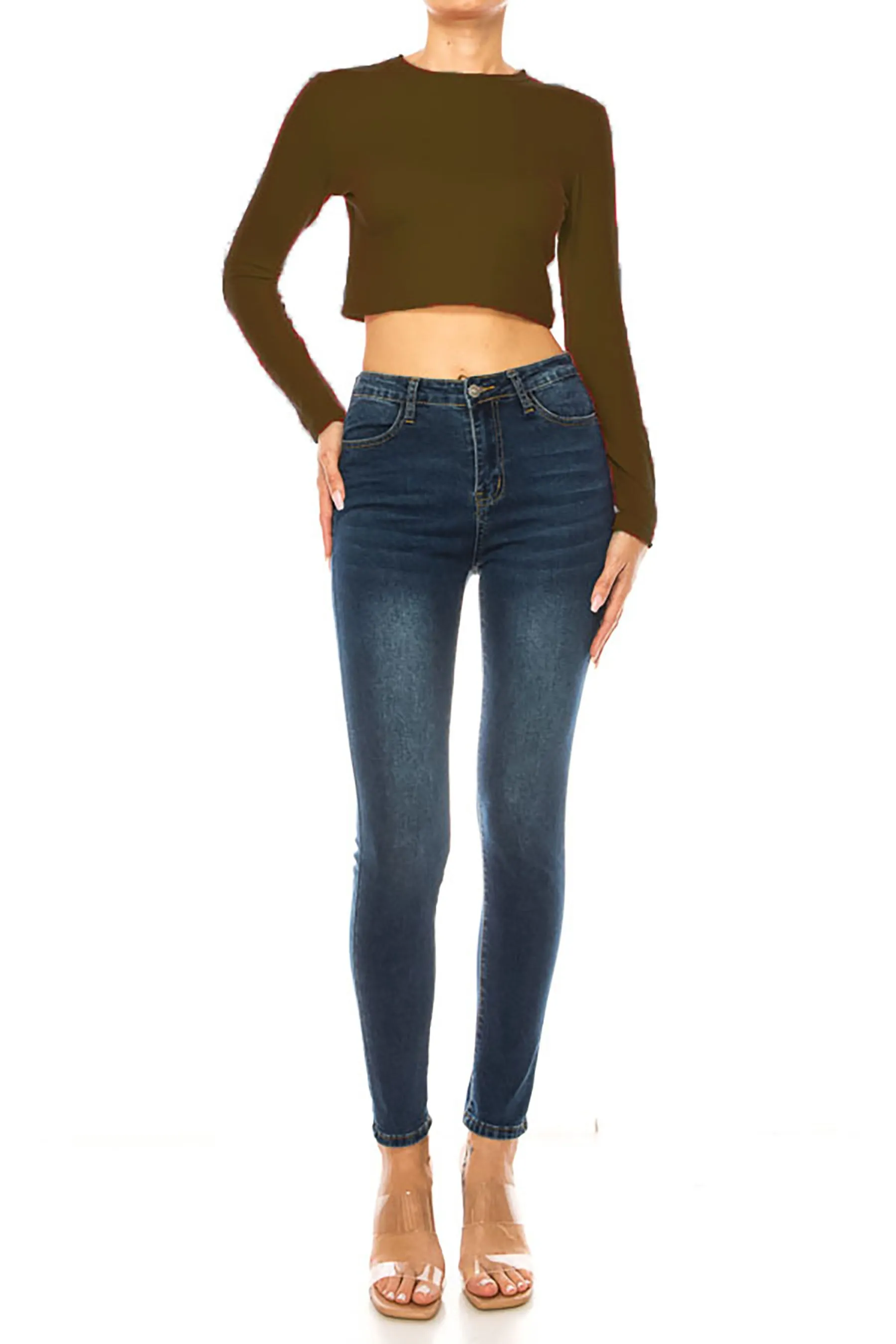 Women's Round Neck Long Sleeve Crop T-Shirt