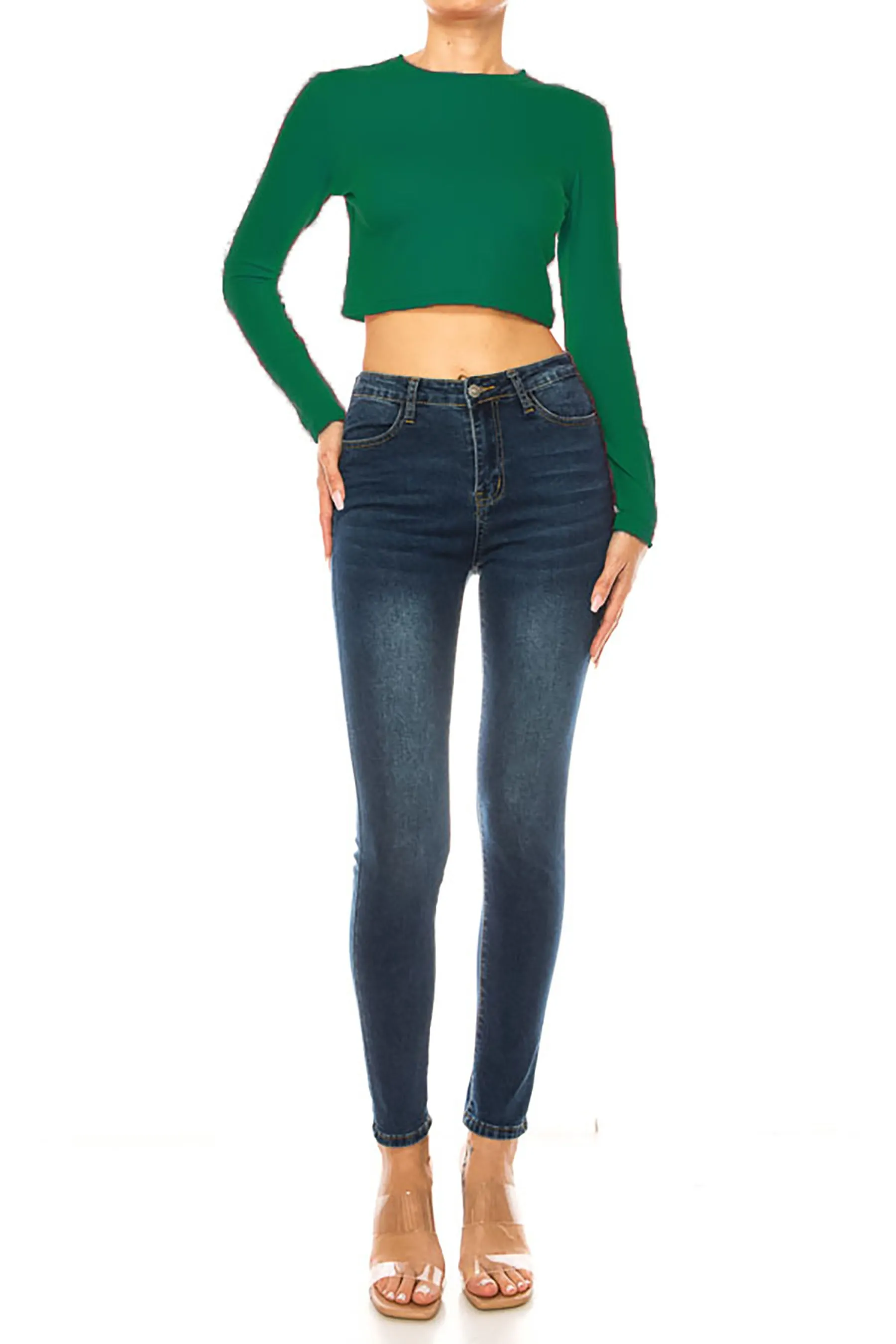 Women's Round Neck Long Sleeve Crop T-Shirt