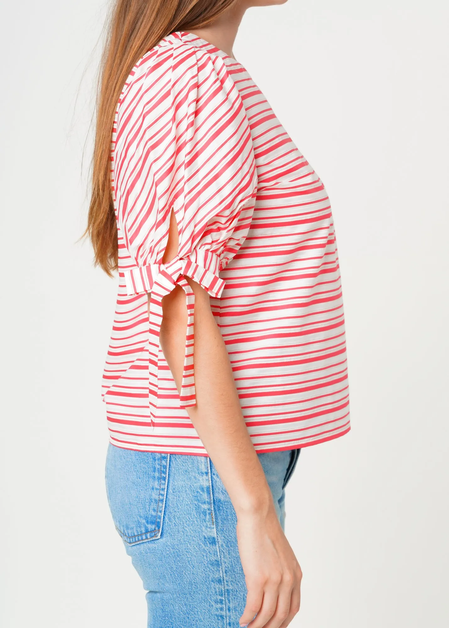 Women's Satin Stripe Tie Sleeve Top in Lipstick Stripe