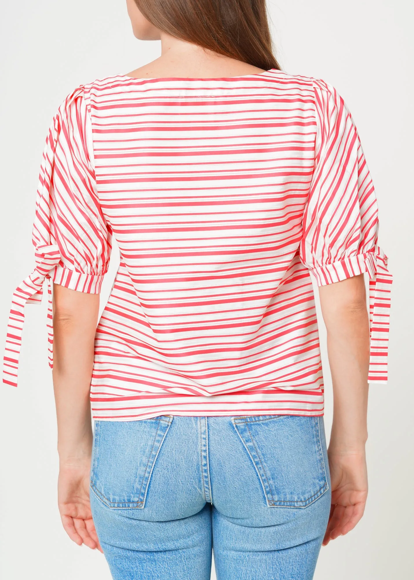 Women's Satin Stripe Tie Sleeve Top in Lipstick Stripe