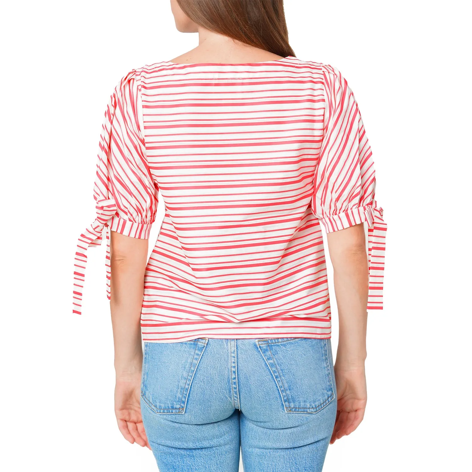 Women's Satin Stripe Tie Sleeve Top in Lipstick Stripe