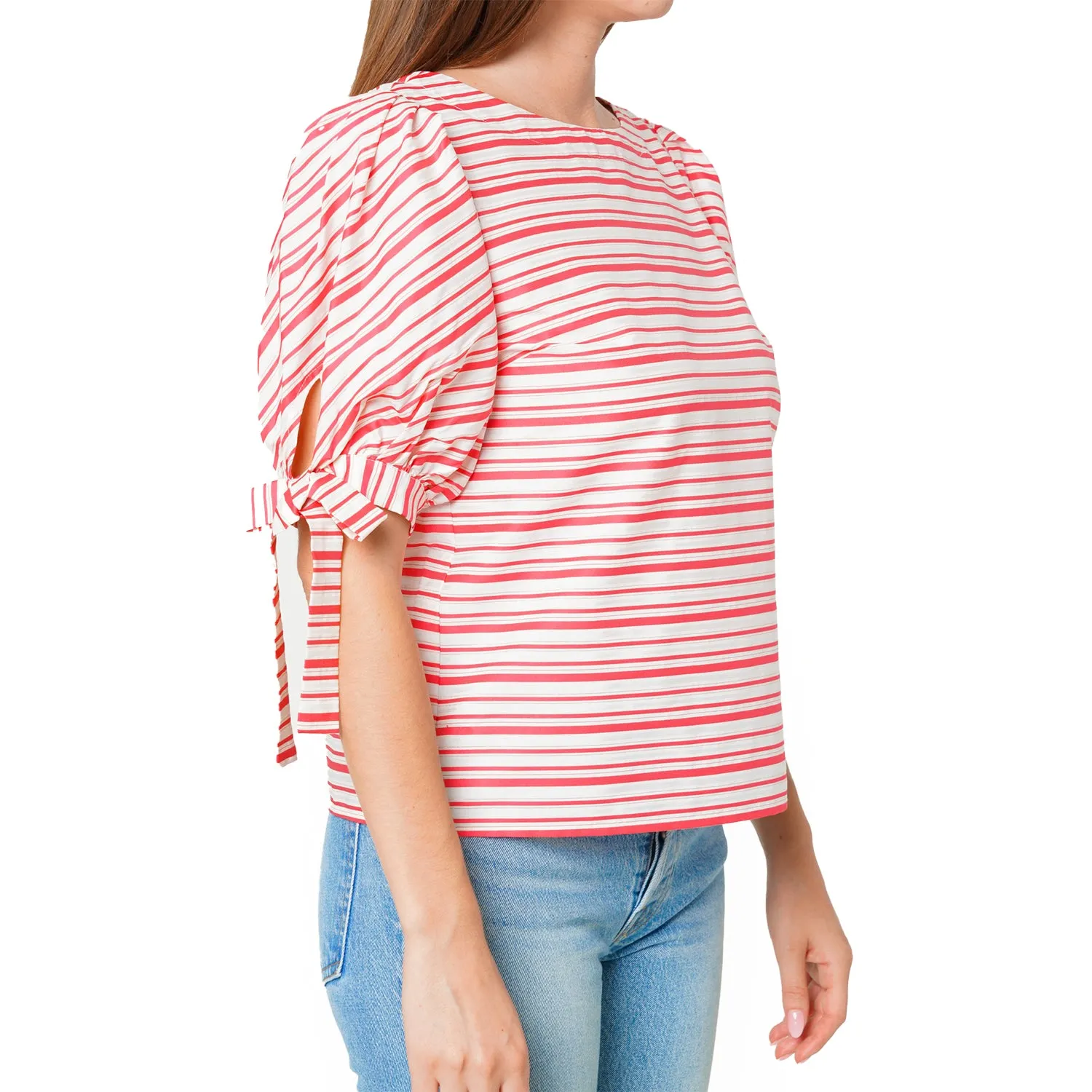 Women's Satin Stripe Tie Sleeve Top in Lipstick Stripe