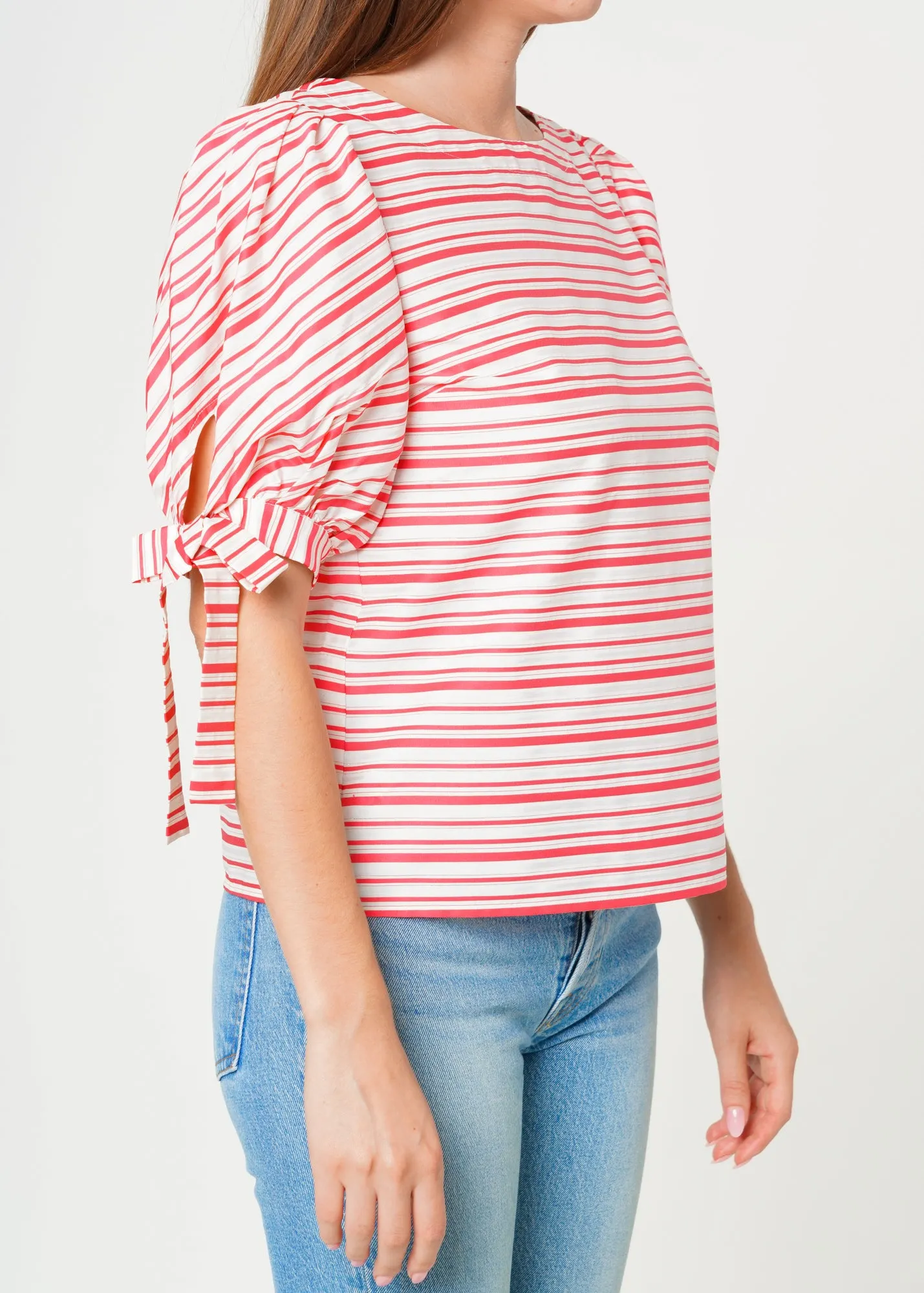 Women's Satin Stripe Tie Sleeve Top in Lipstick Stripe