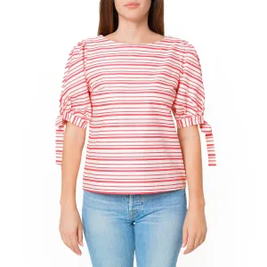 Women's Satin Stripe Tie Sleeve Top in Lipstick Stripe