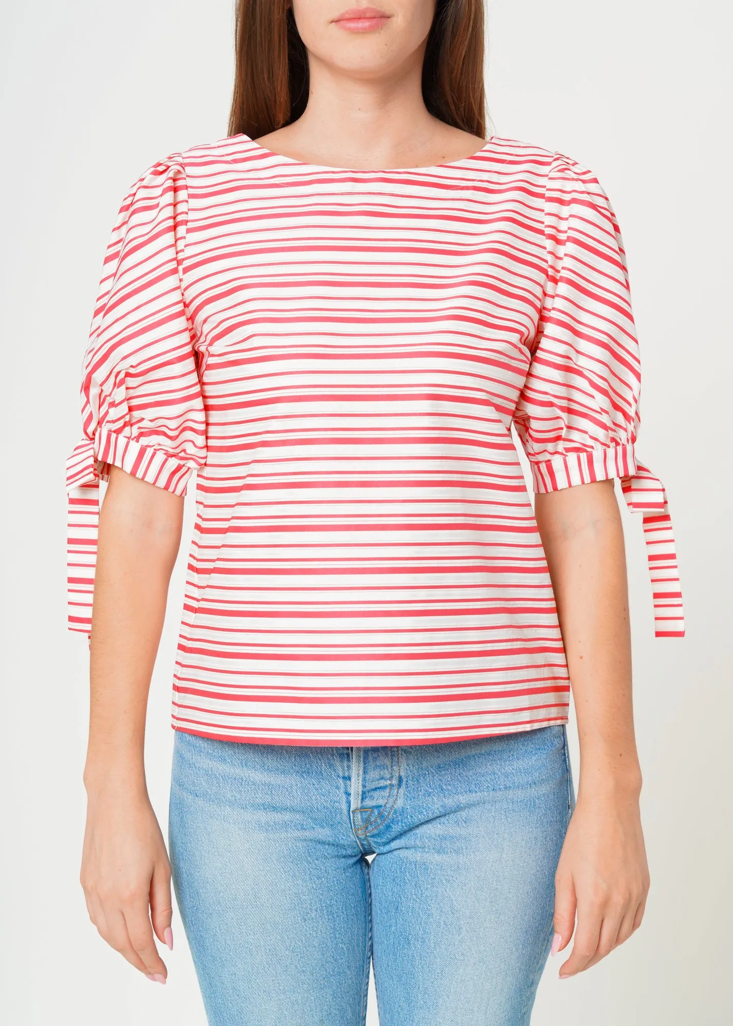 Women's Satin Stripe Tie Sleeve Top in Lipstick Stripe