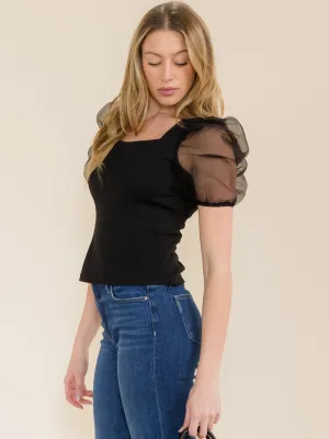 WOMEN'S SHORT MESH SLEEVE SQUARE NECK BLOUSE