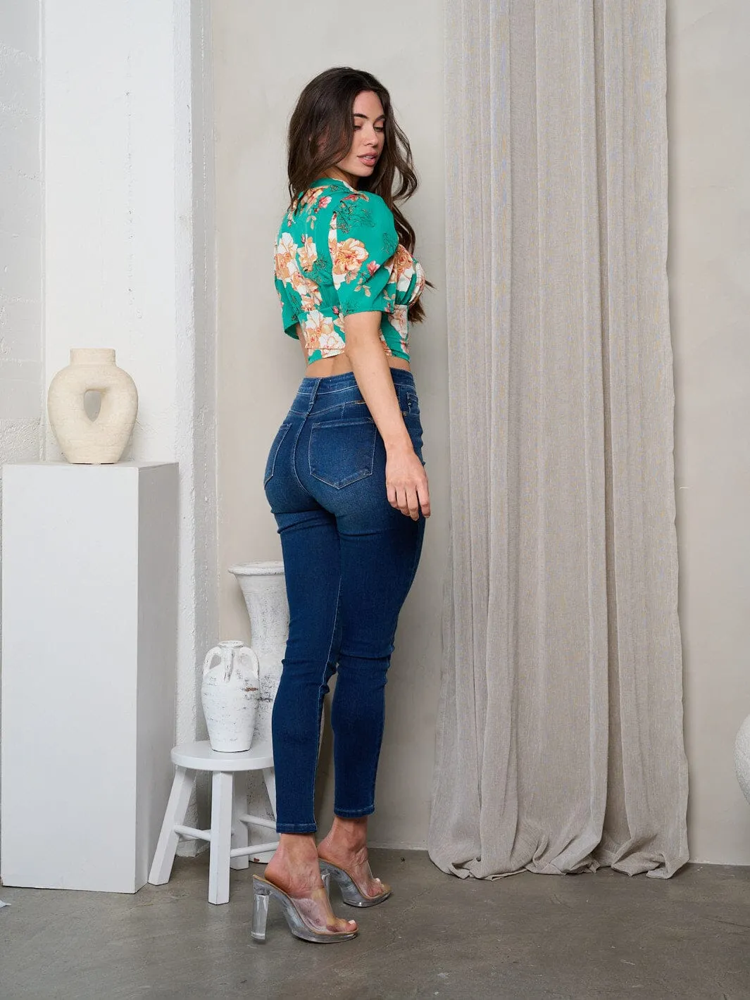 WOMEN'S SHORT PUFF SLEEVE FLORAL CROP TOP