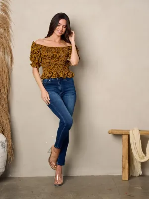 WOMEN'S SHORT PUFF SLEEVE OFF SHOULDER SMOCK ANIMAL PRINT TOP