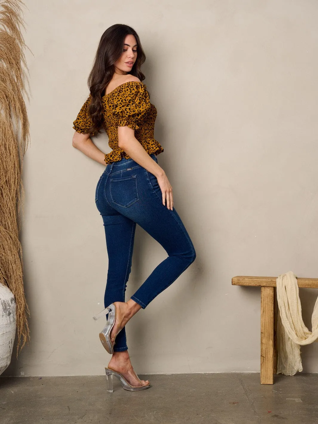 WOMEN'S SHORT PUFF SLEEVE OFF SHOULDER SMOCK ANIMAL PRINT TOP