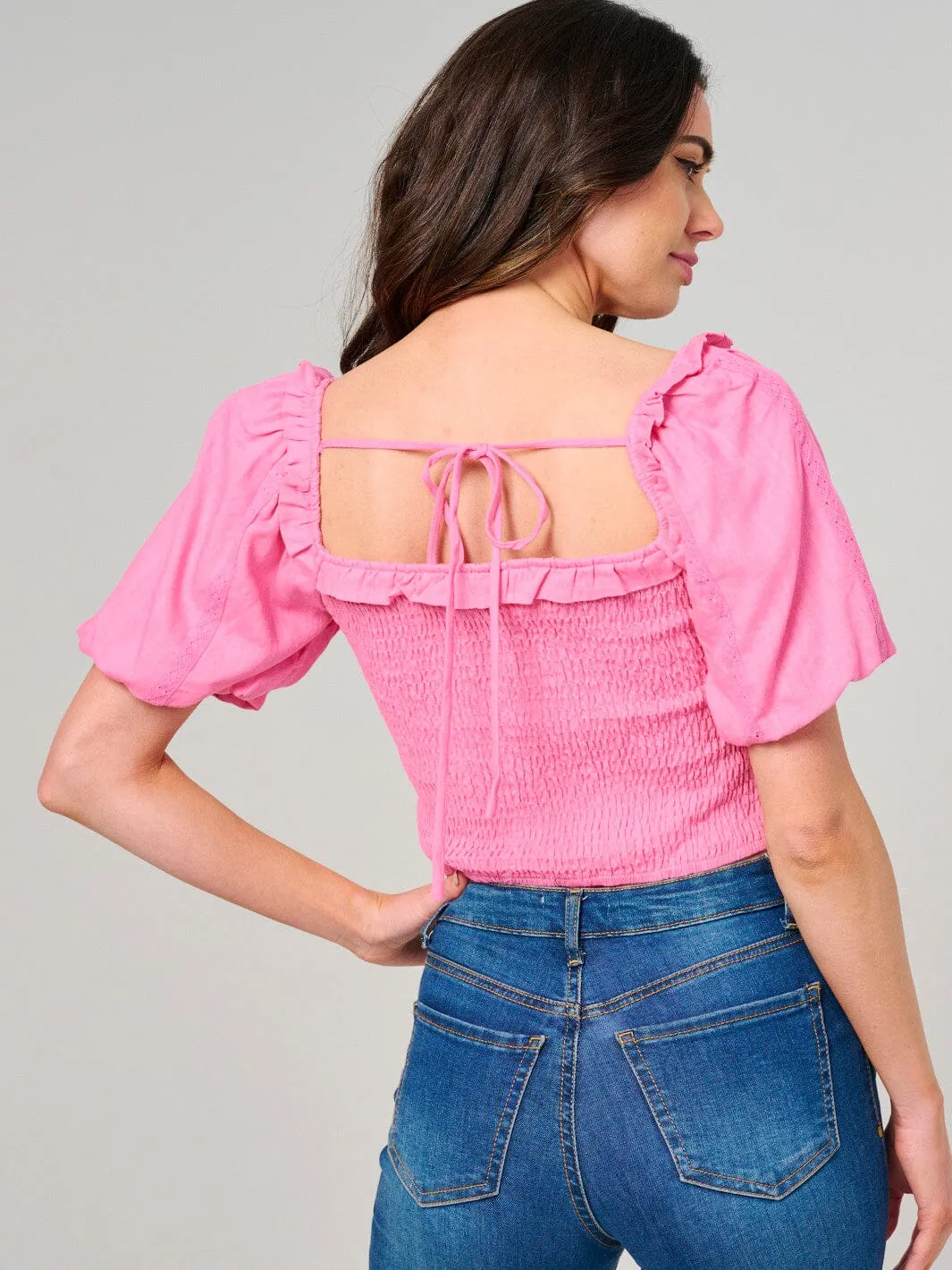 WOMEN'S SHORT PUFF SLEEVE SQUARE NECK SMOCK TOP