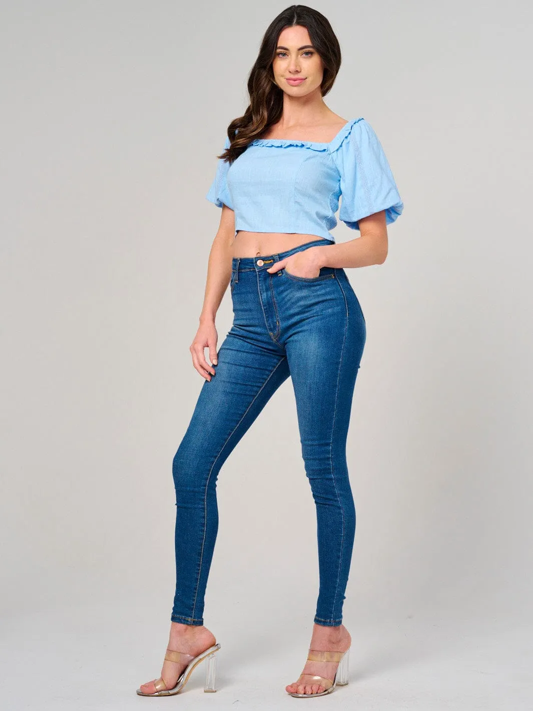 WOMEN'S SHORT PUFF SLEEVE SQUARE NECK SMOCK TOP