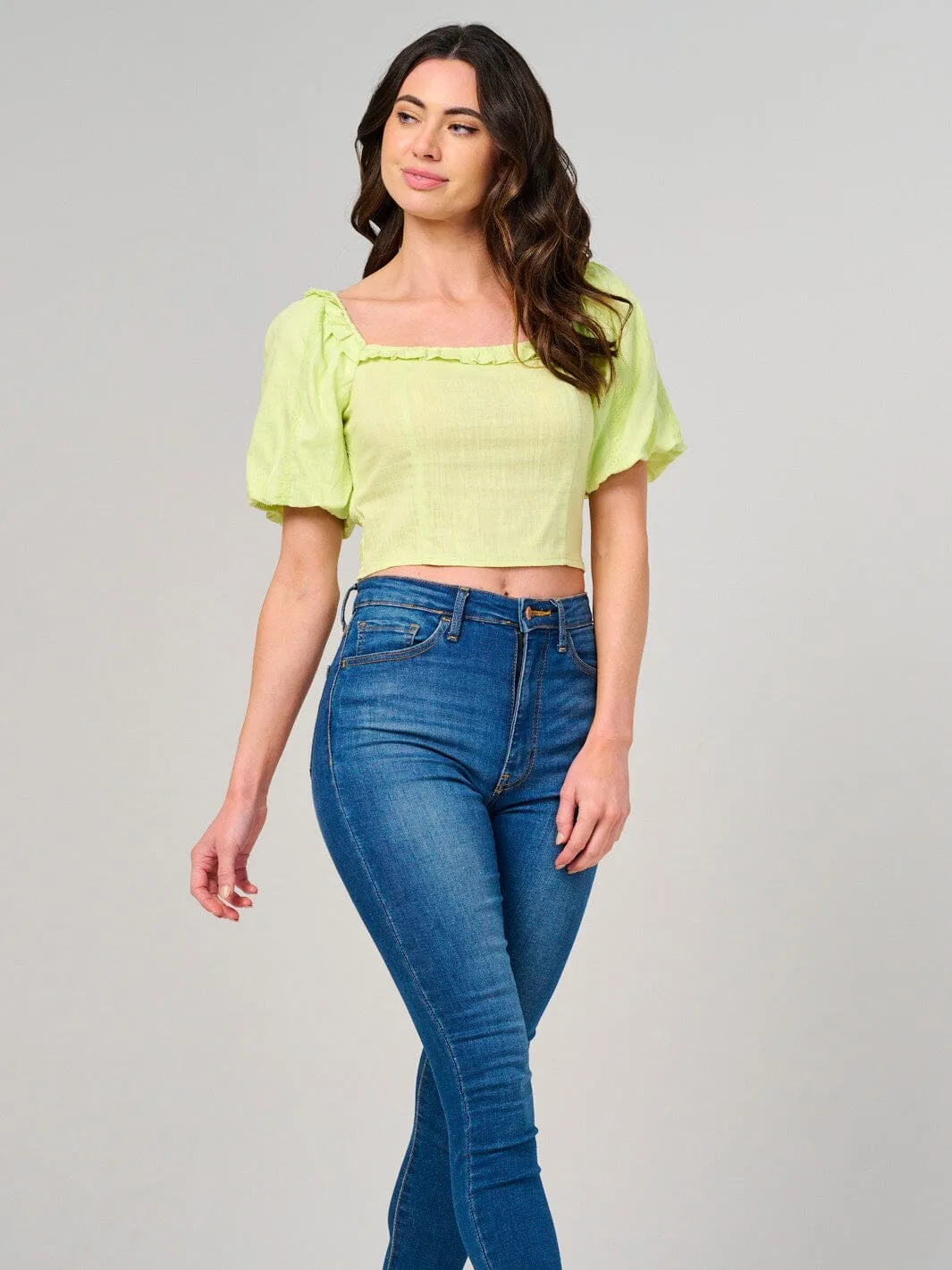 WOMEN'S SHORT PUFF SLEEVE SQUARE NECK SMOCK TOP
