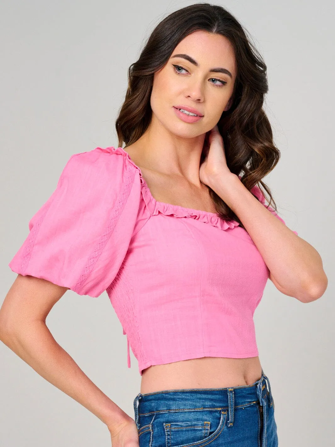 WOMEN'S SHORT PUFF SLEEVE SQUARE NECK SMOCK TOP