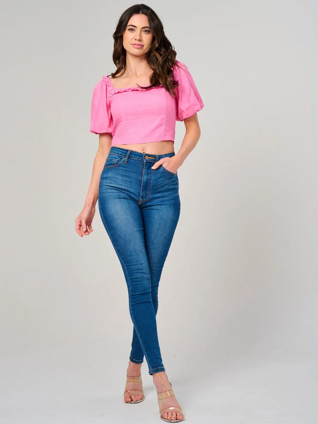 WOMEN'S SHORT PUFF SLEEVE SQUARE NECK SMOCK TOP