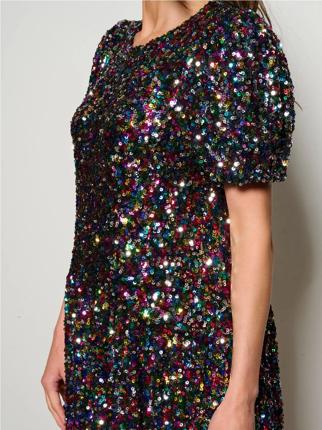 WOMEN'S SHORT PUFF SLEEVE TIERED SEQUINS MINI DRESS