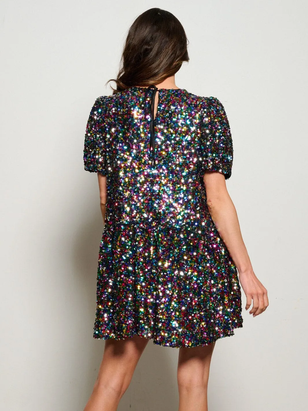 WOMEN'S SHORT PUFF SLEEVE TIERED SEQUINS MINI DRESS