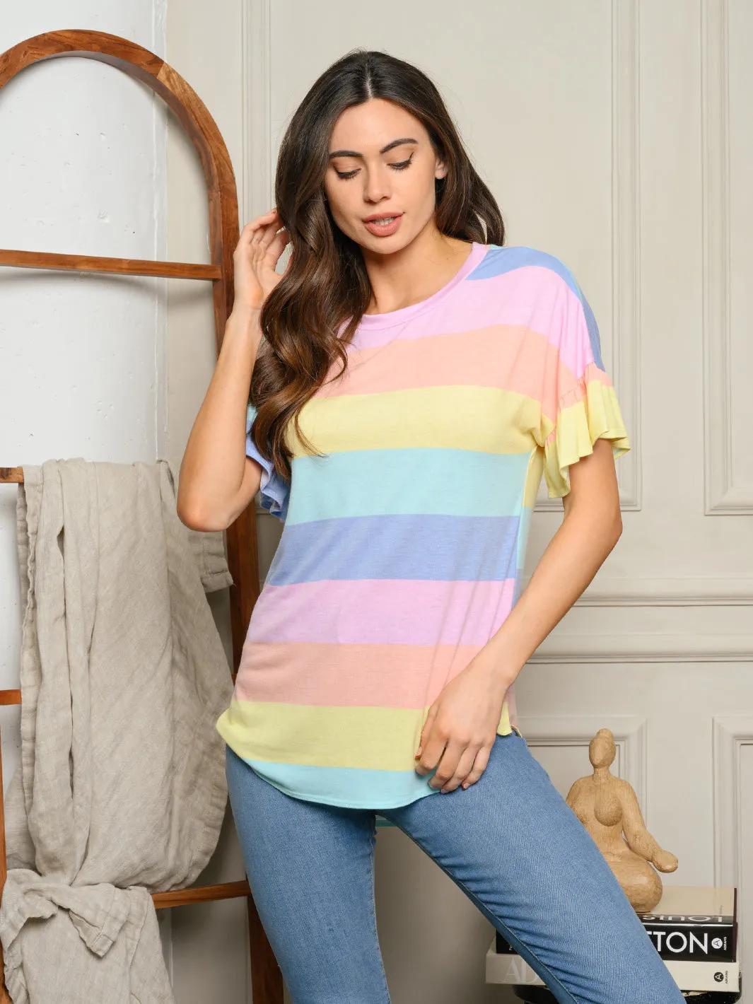 WOMEN'S SHORT RUFFLE SLEEVE COLORBLOCK TOP