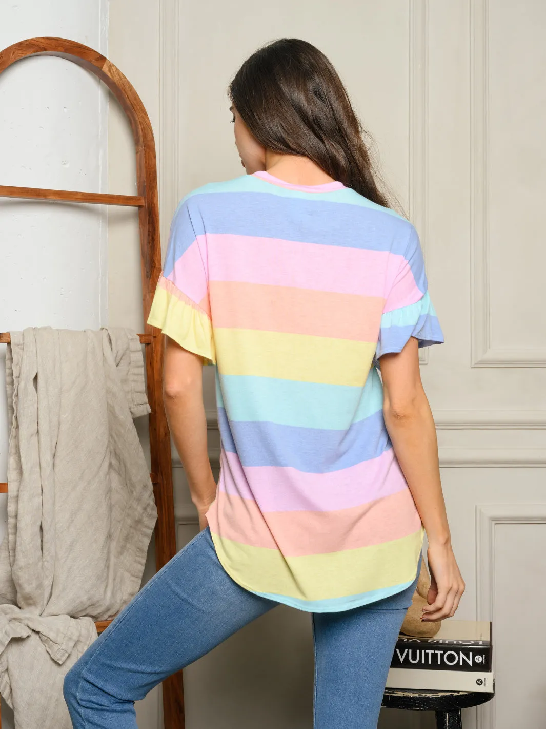 WOMEN'S SHORT RUFFLE SLEEVE COLORBLOCK TOP