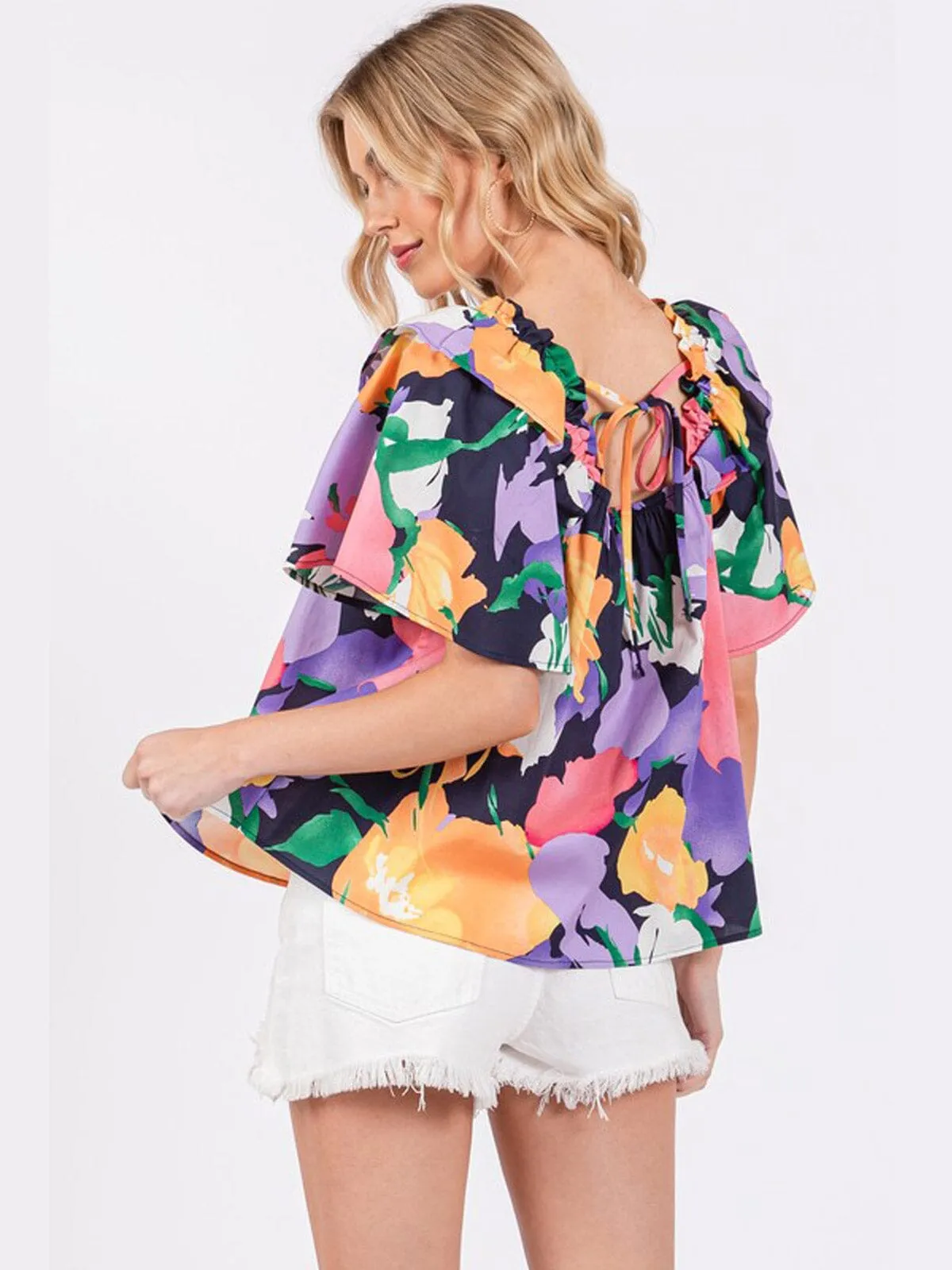 WOMEN'S SHORT RUFFLE SLEEVE SQUARE NECK FLORAL PRINT TUNIC BLOUSE TOP