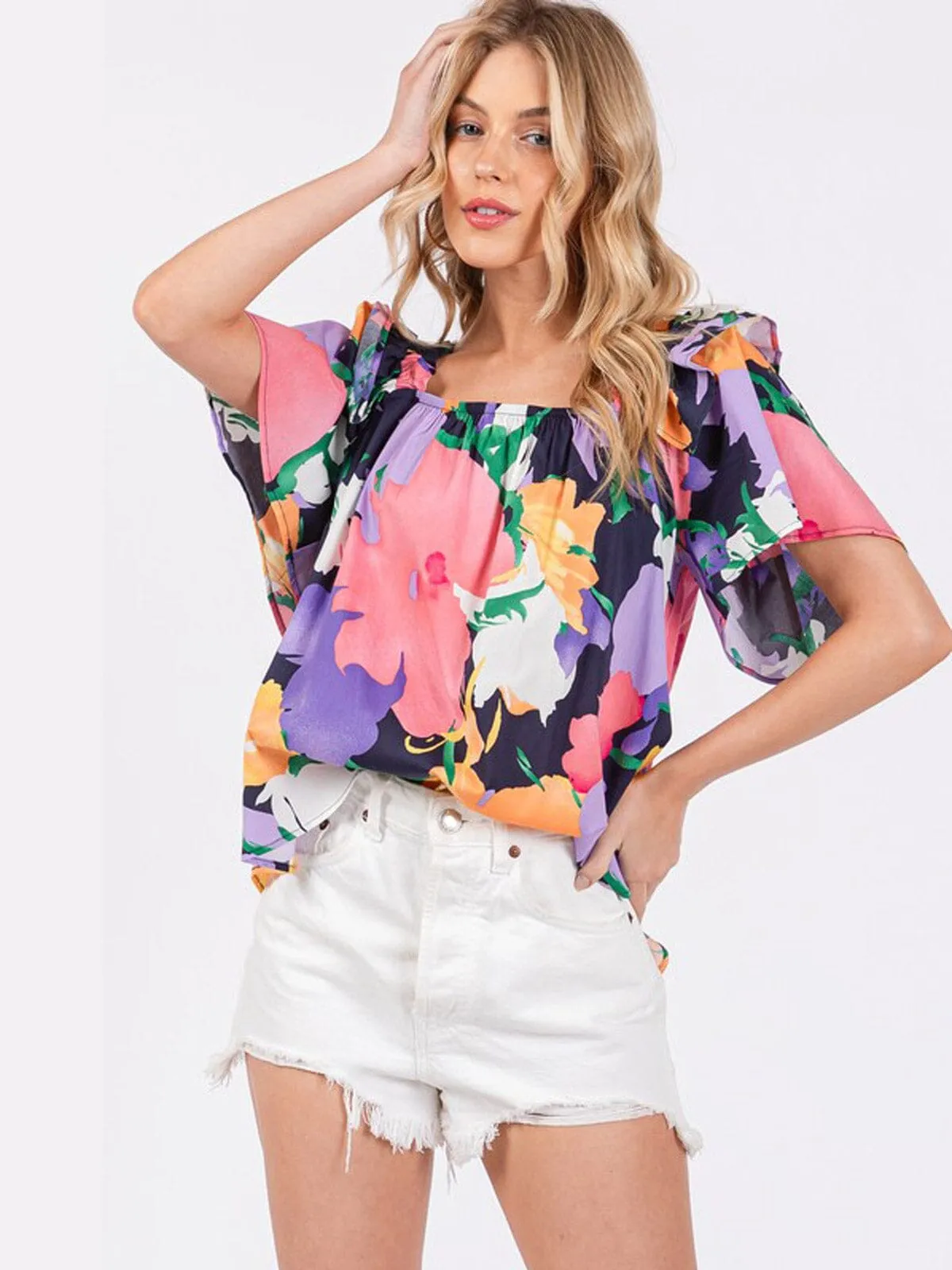 WOMEN'S SHORT RUFFLE SLEEVE SQUARE NECK FLORAL PRINT TUNIC BLOUSE TOP