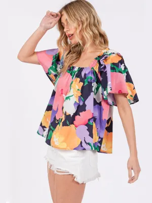 WOMEN'S SHORT RUFFLE SLEEVE SQUARE NECK FLORAL PRINT TUNIC BLOUSE TOP