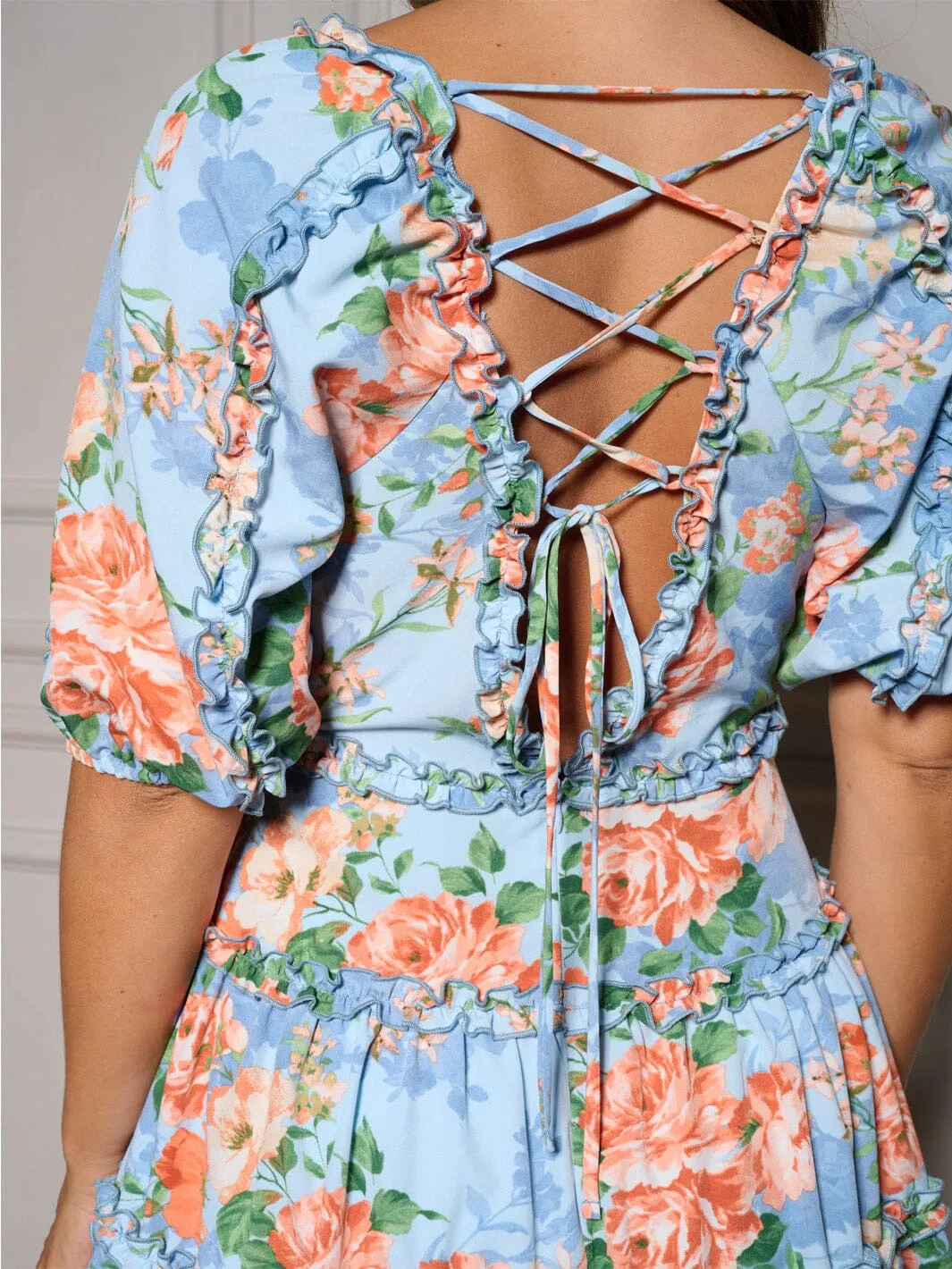 WOMEN'S SHORT SLEEVE RUFFLE BACK LACE UP FLORAL MINI DRESS